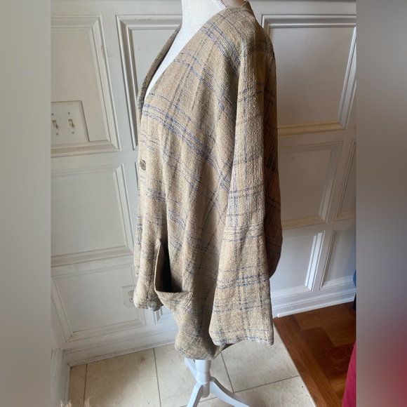 ❌SOLD❌ SHIRIN GUILD 100% LINEN BROWN AND BLUE CARDIGAN CAPE OVERSIZED SWEATER - Picture 2 of 4